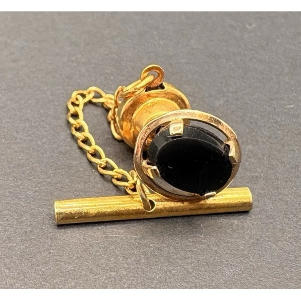 Vintage Black Onyx Tie Tack Chain & Bar Gold Tone Morris Jewelry w/ Original Box